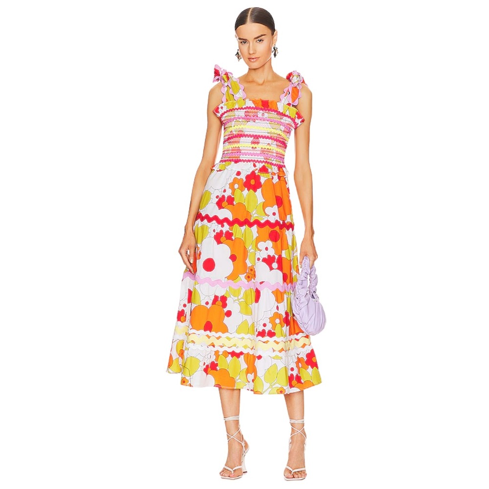 CeliaB Dress Womens XS Sunstone Floral Smocked Ric-Rac Tiered Midi Retro NEW